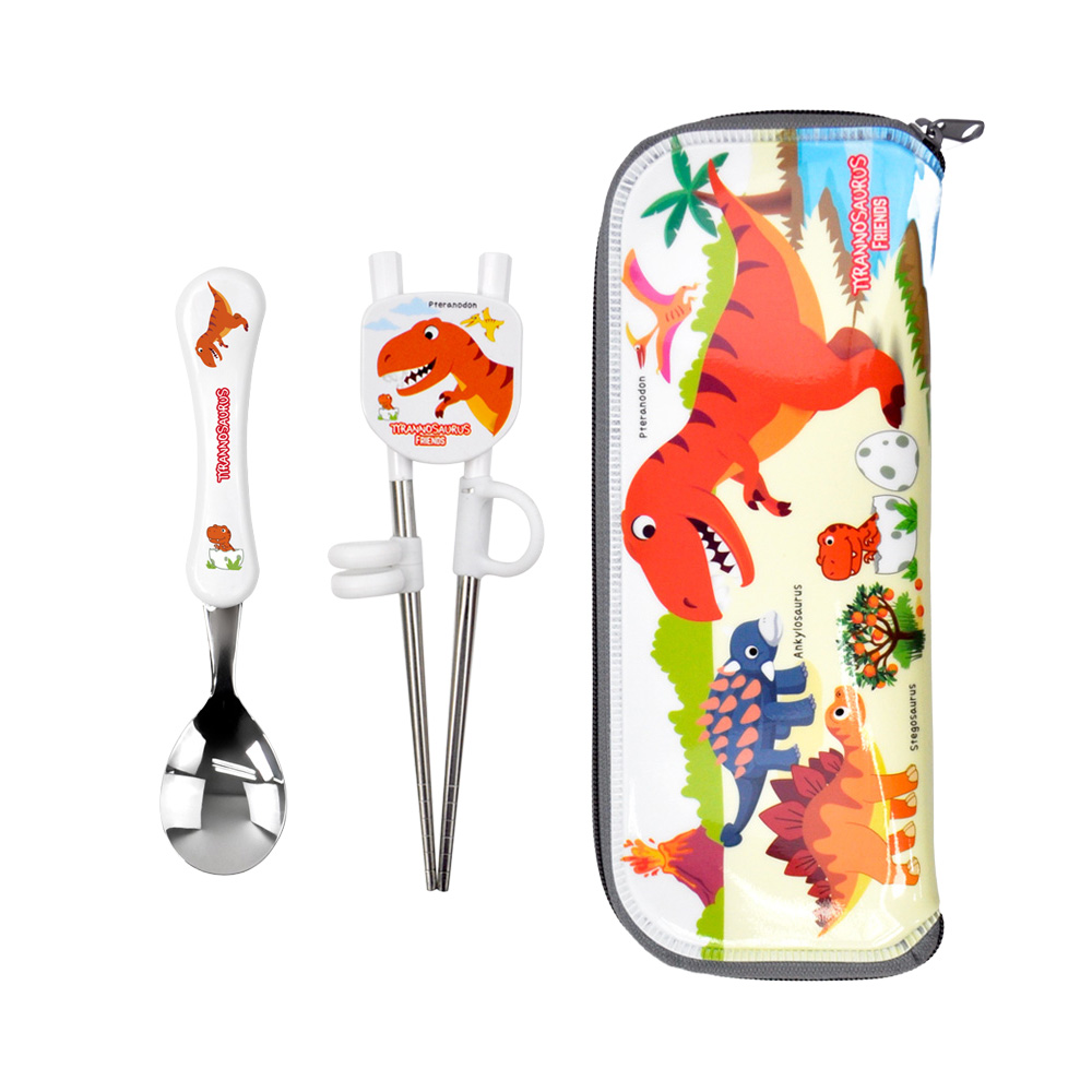 키친유 티라노 스텐 유아수저 젓가락 케이스 세트 공룡 캐릭터 어린이 숟가락 어린이집 준비물