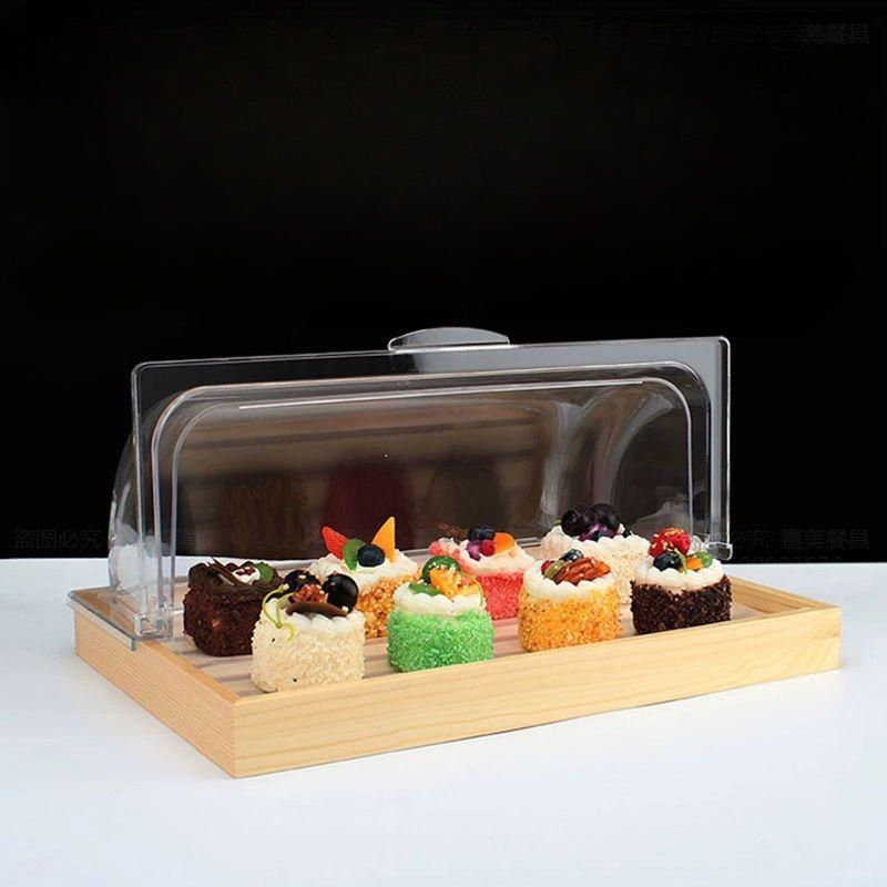 브레드박스 쿠키 디저트 나무접시 베이킹 덮개 빵보관함 투명 베이커리 케이크 대나무 홈카페 이중층 중형 대형 블랙 프레임 - 상품 이미지