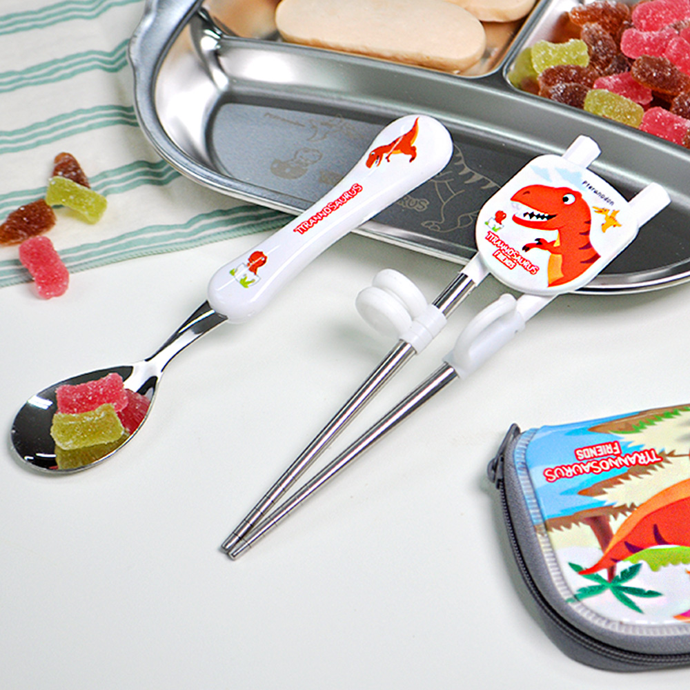 키친유 티라노 스텐 유아수저 젓가락 케이스 세트 공룡 캐릭터 어린이 숟가락 어린이집 준비물