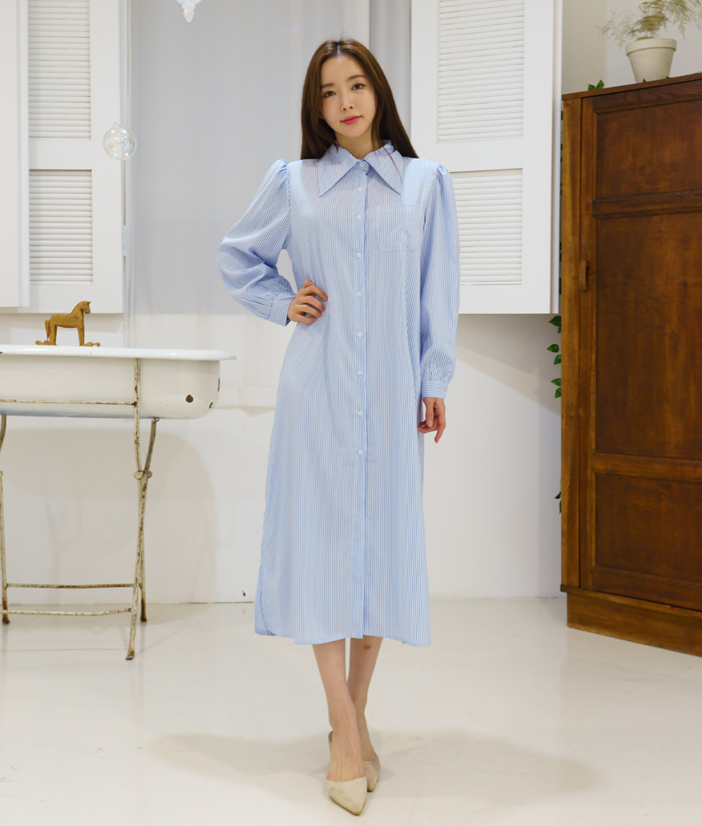 뾰족카라 스트라이프 H라인 어깨퍼프 루즈핏 셔츠 롱원피스 데일리룩 이미지 2