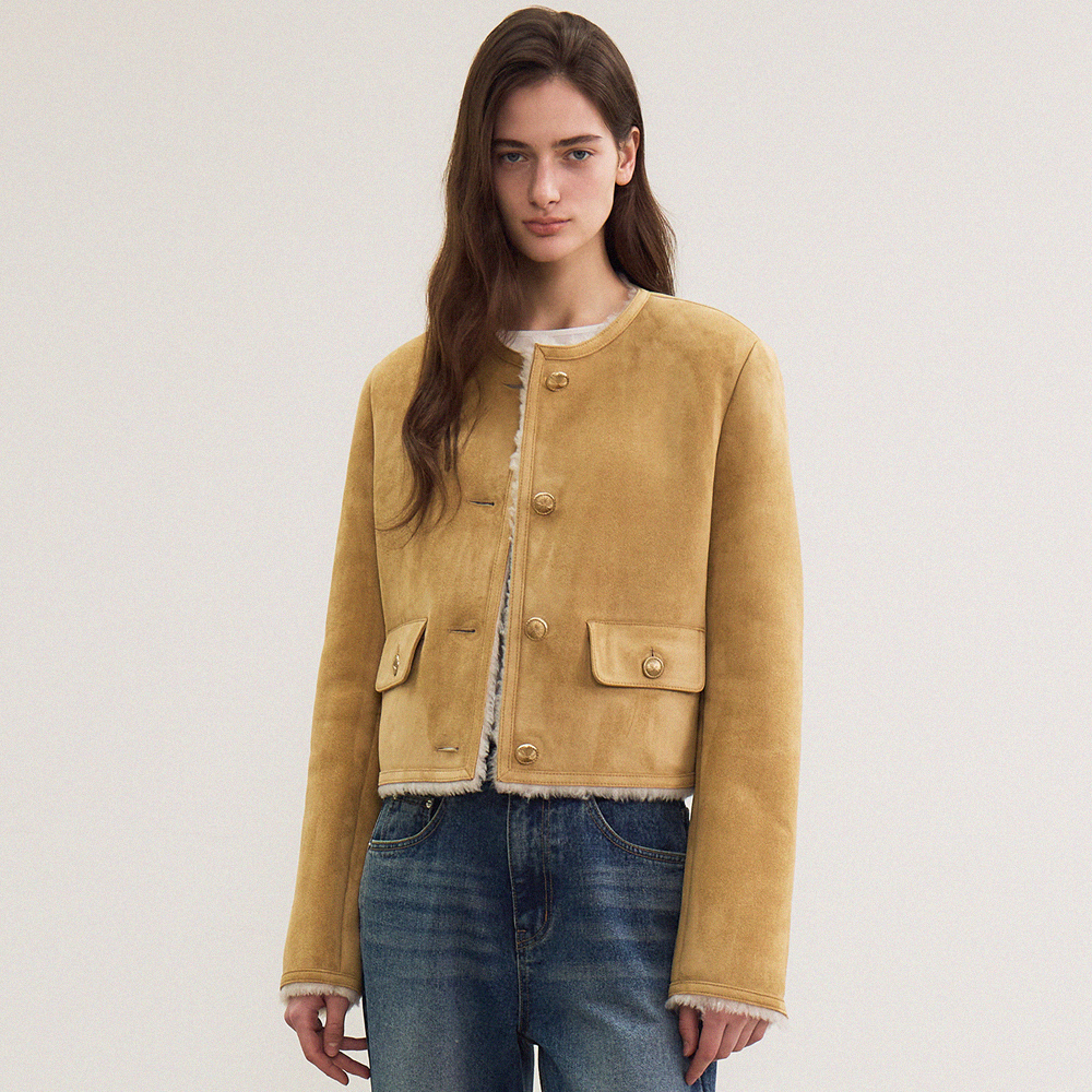 suede round shearling jacket (beige) - 상품 이미지