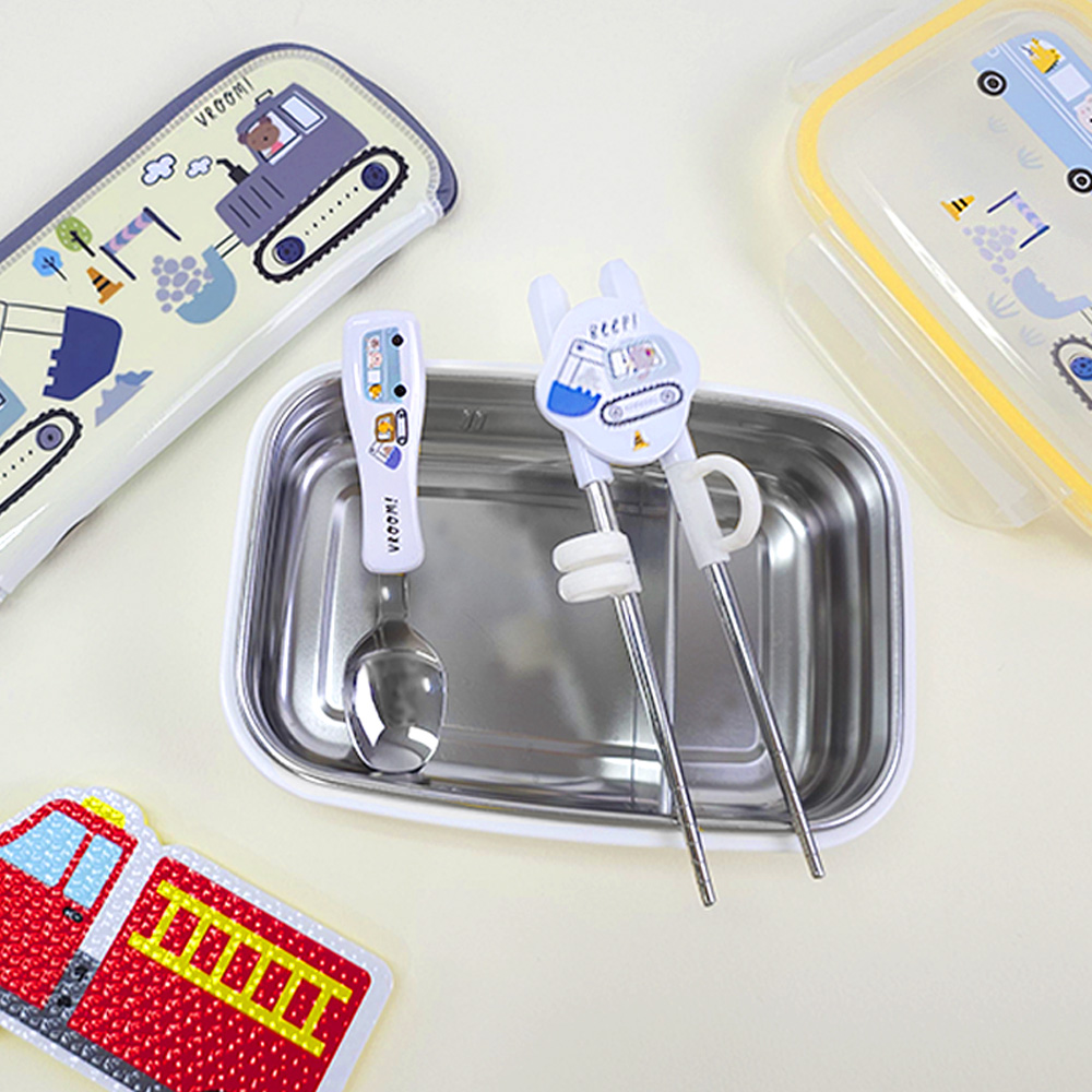 키친유 키즈부릉 포크레인 스텐 아기 수저 젓가락 케이스 세트 이유식 숟가락 어린이집 준비물