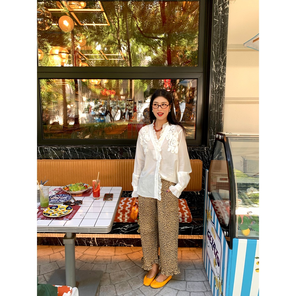 밴딩 밑단프릴포인트 9부와이드레오파드팬츠 루즈핏 유니크디자인 레이어드 힙한 봄가을 브라운 - 상세 이미지 3