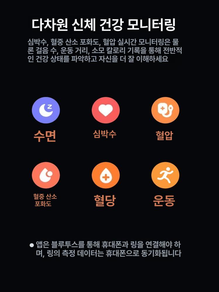 연속혈당측정기 무채혈 스마트 혈당 혈압 심박수 혈중 산소 측정 모니터링 반지 - 상세 이미지 5