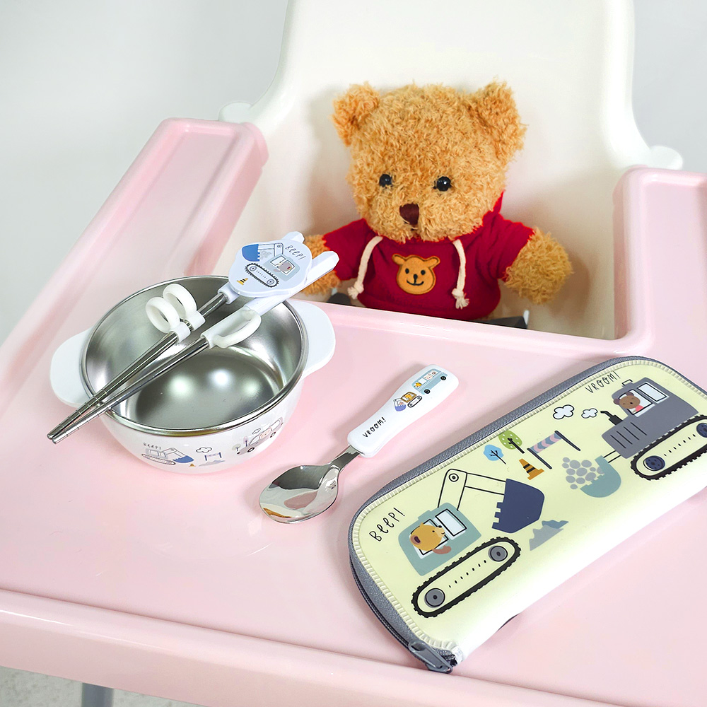 키친유 키즈부릉 포크레인 스텐 아기 수저 젓가락 케이스 세트 이유식 숟가락 어린이집 준비물