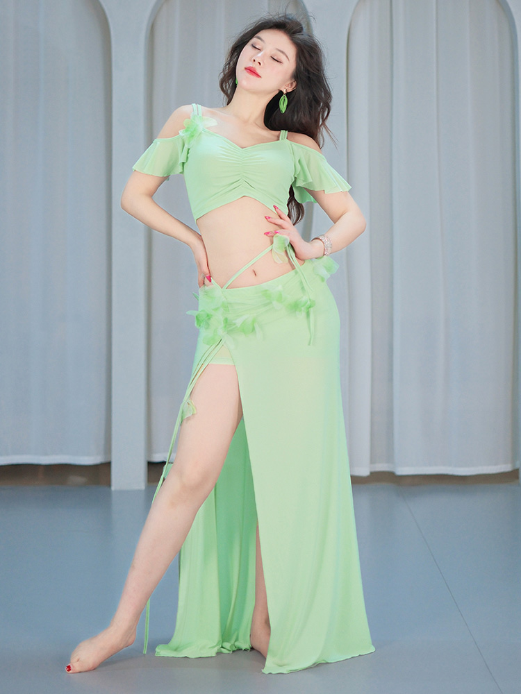 입체 꽃장식 셔링 망사 밸리 라인 댄스복 그린 XL - 상품 이미지