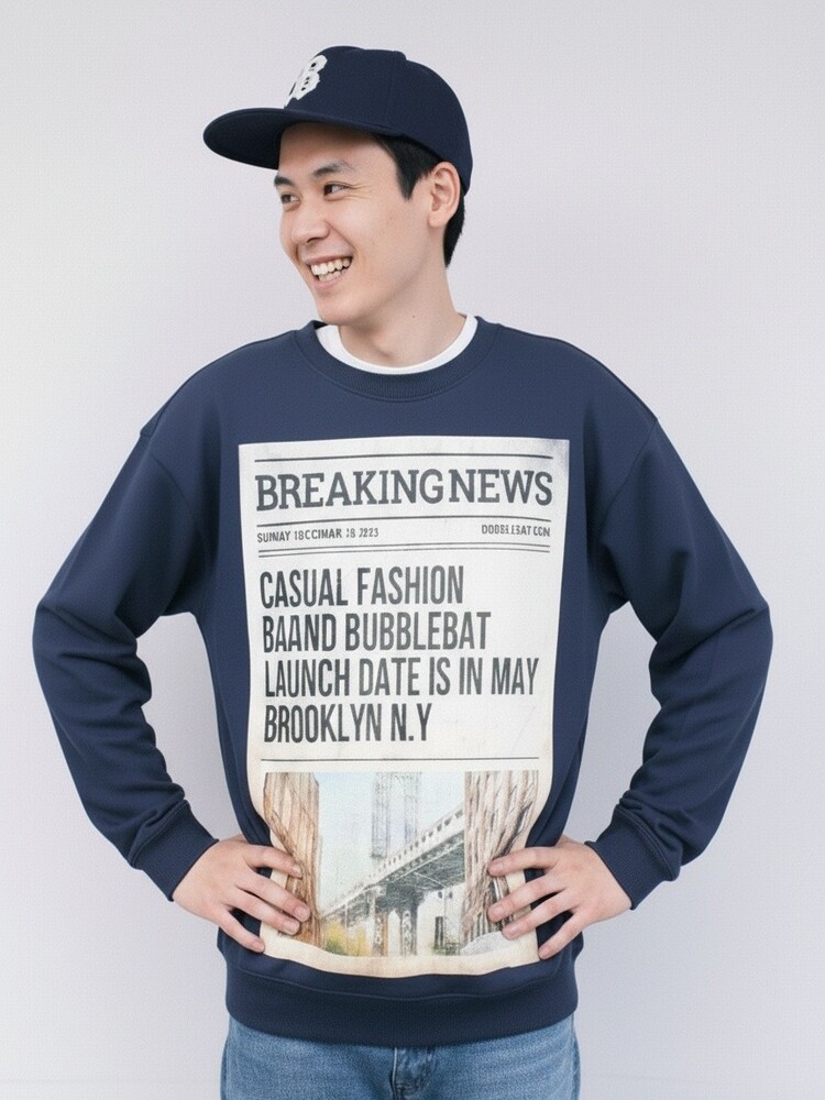버블벳 남자 세미오버핏 뉴욕브루클린브릿지 프린트 데일리 맨투맨티셔츠 네이비 - 상세 이미지 4