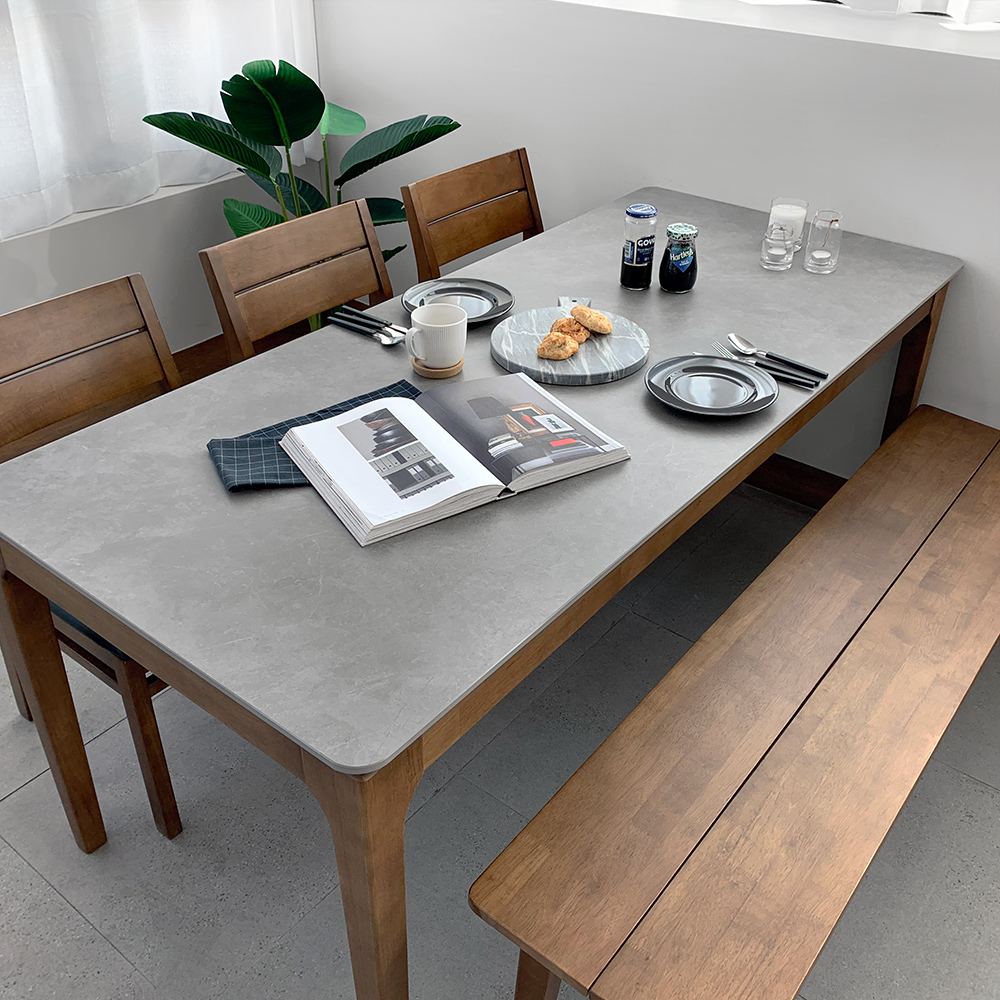 키마 6인용 원목 포세린 세라믹 식탁세트 식탁+의자3+등받이벤치1, 1800mm, 그레이