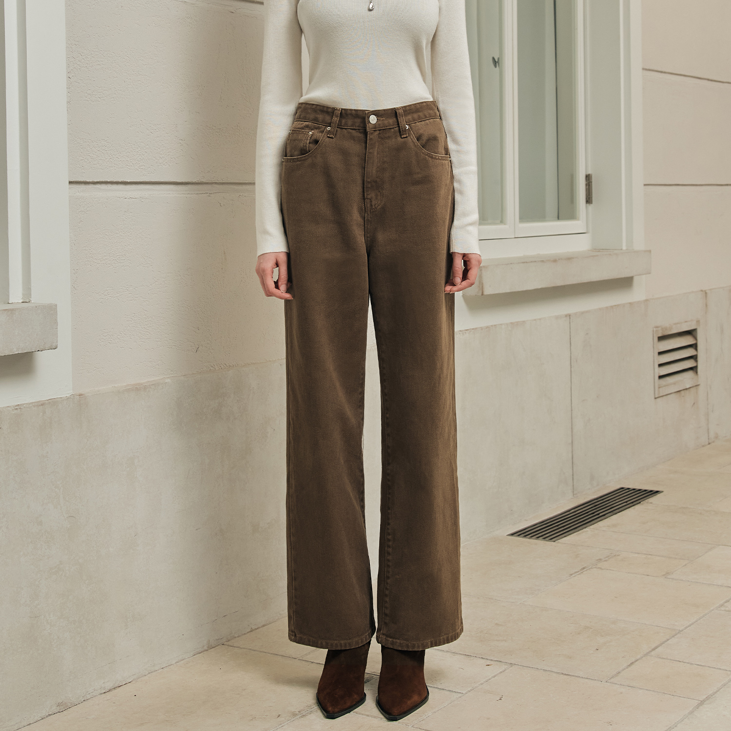 [제로스트릿] 세미 와이드 데님 팬츠 SEMI WIDE DENIM PANTS / BROWN - 상품 이미지