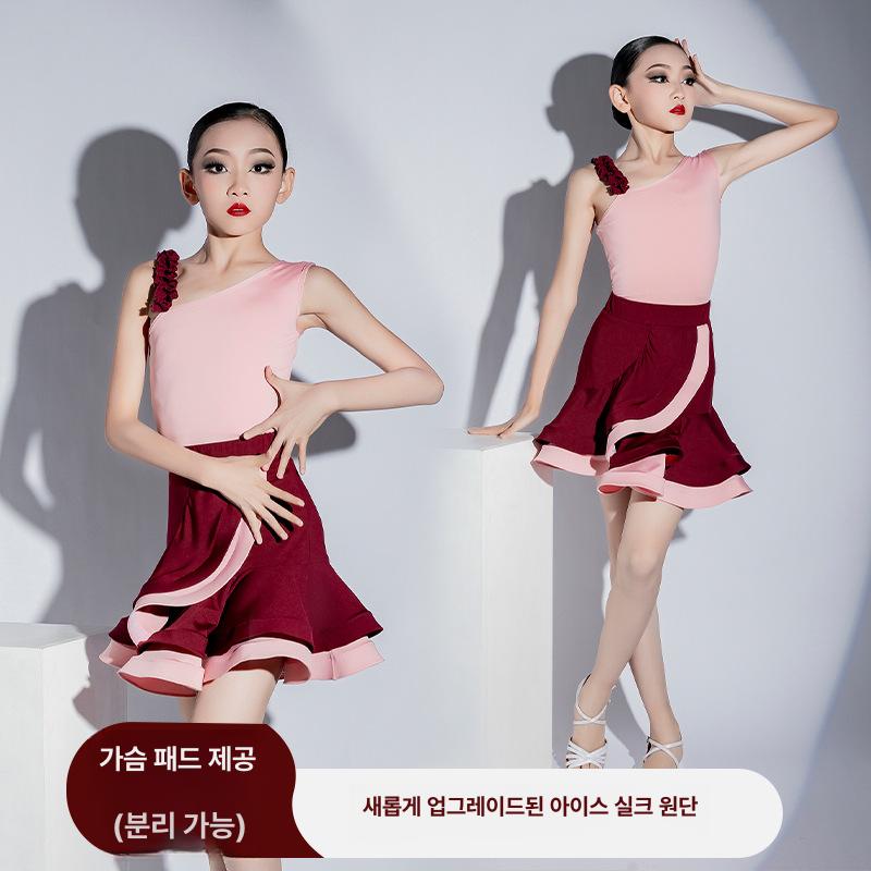 꽃장식 망사 댄스복 상의 라틴 라인 스포츠 민소매 상의+주주레드 110cm - 상세 이미지 3