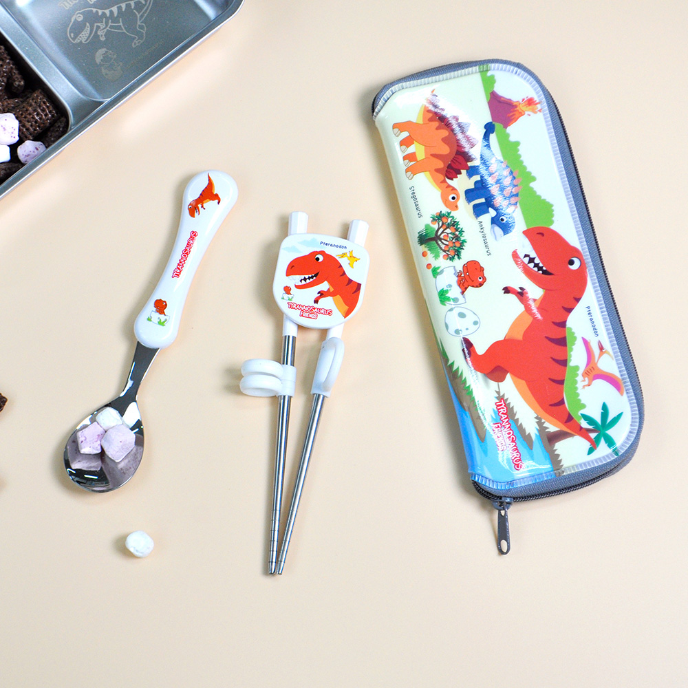 키친유 티라노 스텐 유아수저 젓가락 케이스 세트 공룡 캐릭터 어린이 숟가락 어린이집 준비물