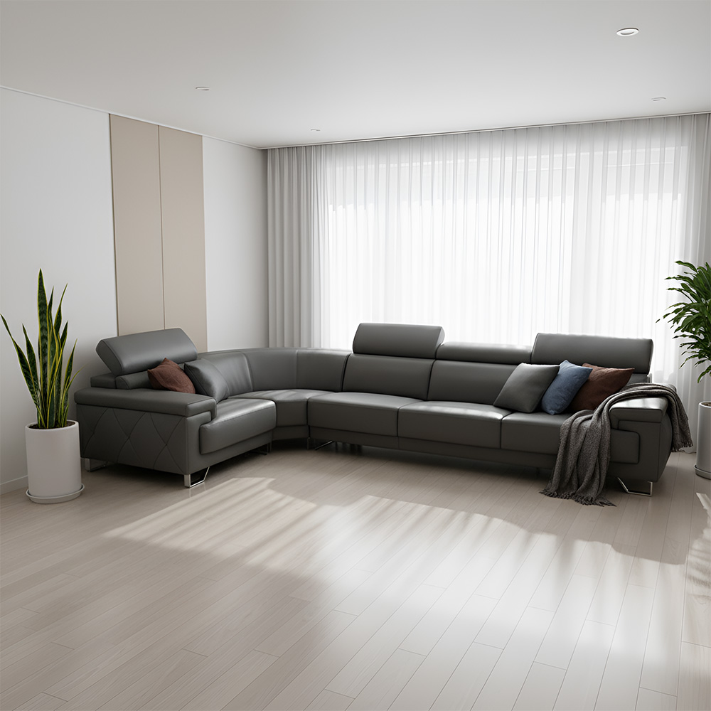 스코나 토피카 나파 가죽 헤드틸팅 코너형 소파 카우치 스툴미포함, 머드그레이, 6인용