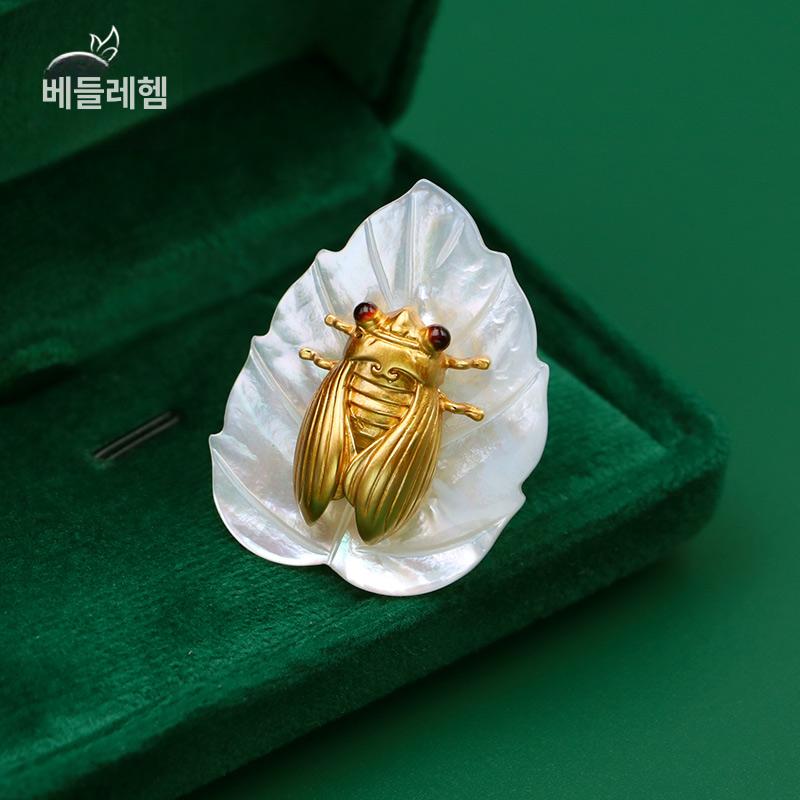 매미 브로치 곤충 골든스퀴드 꿀벌 악세사리 꿀벌와펜 가디건 액세사리 여성 옷핀브로치 내추럴쉘 골든스퀴드 제이드리프 - 상세 이미지 5