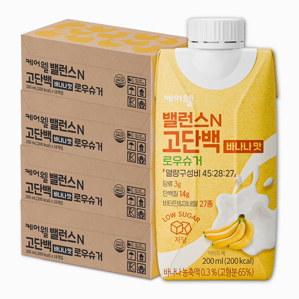 케어웰 밸런스N 고단백 바나나맛 로우슈거 식사대용 균형 영양식 환자유동식 200ml, 72개 - 상품 이미지