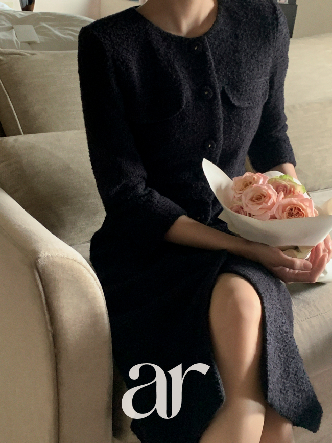 포켓 트위드 H라인 롱 긴팔 원피스 op16224