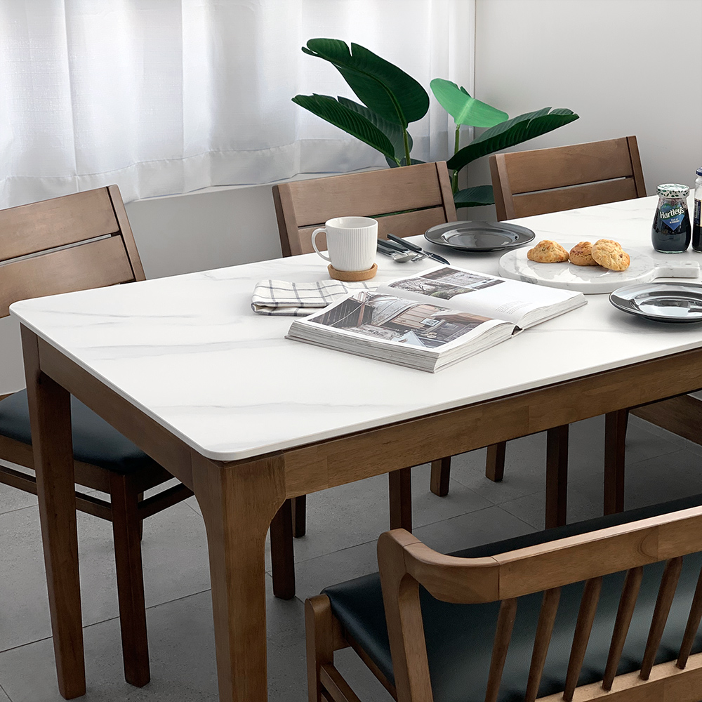 키마 6인용 원목 포세린 세라믹 식탁세트 식탁+의자3+등받이벤치1, 1800mm, 그레이