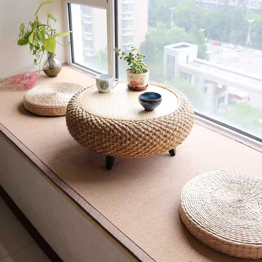 라탄 좌식테이블 원형 디자인 감성 거실 인테리어 원목색 소형 테이블 (50cm 25cm) - 상품 이미지