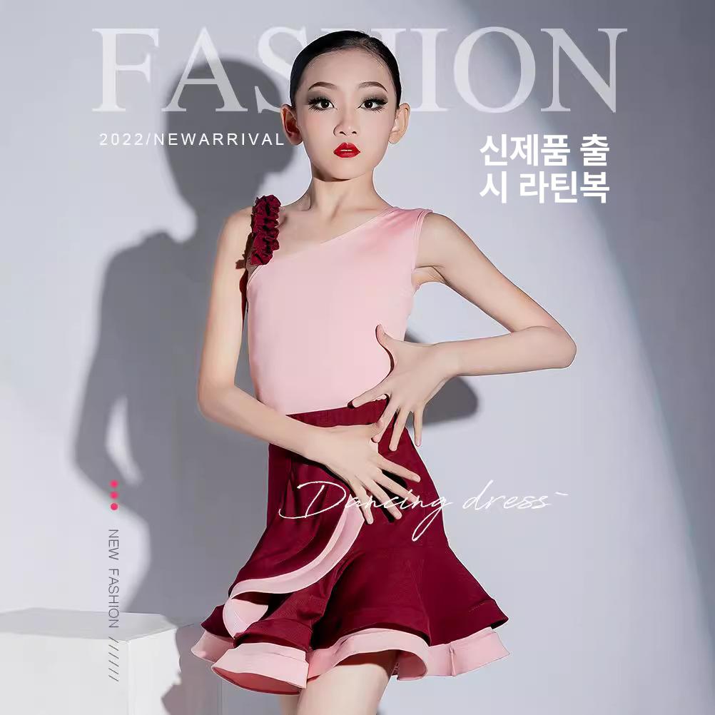 꽃장식 망사 댄스복 상의 라틴 라인 스포츠 민소매 상의+주주레드 110cm - 상세 이미지 2