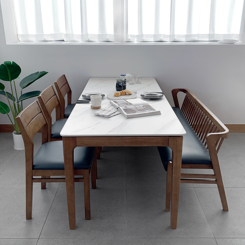 키마 6인용 원목 포세린 세라믹 식탁세트 식탁+의자3+등받이벤치1, 1800mm, 그레이