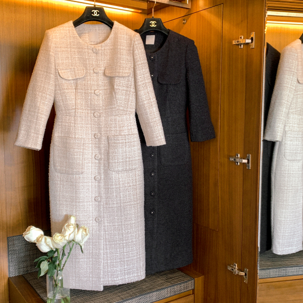 포켓 트위드 H라인 롱 긴팔 원피스 op16224