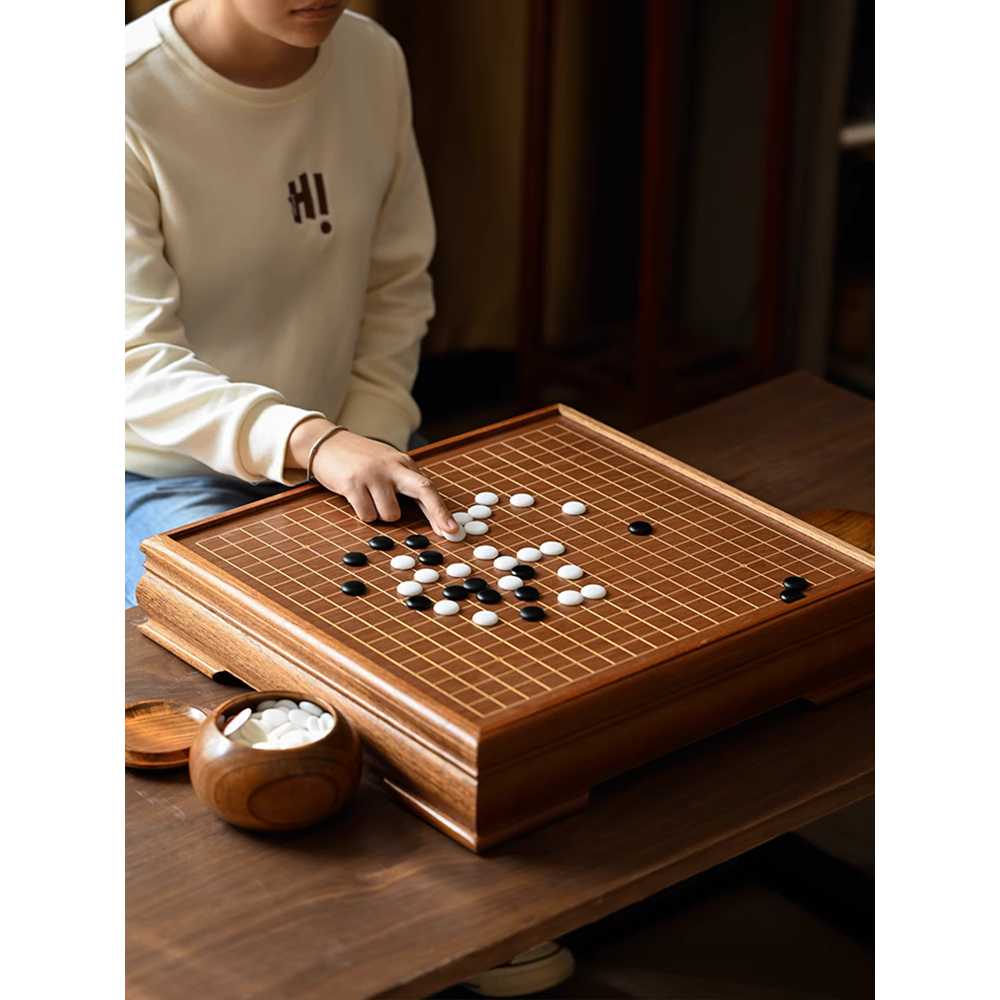 전통 바둑판 고급 원목 바둑돌 세트 가정용 두께형 체스판 + 체스 냄비 + 단면 클라우드 말 - 상품 이미지