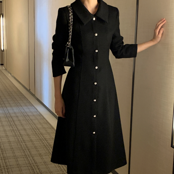 [자체제작] 펄 트위드 카라 긴팔 롱 원피스 op16180 제품 이미지