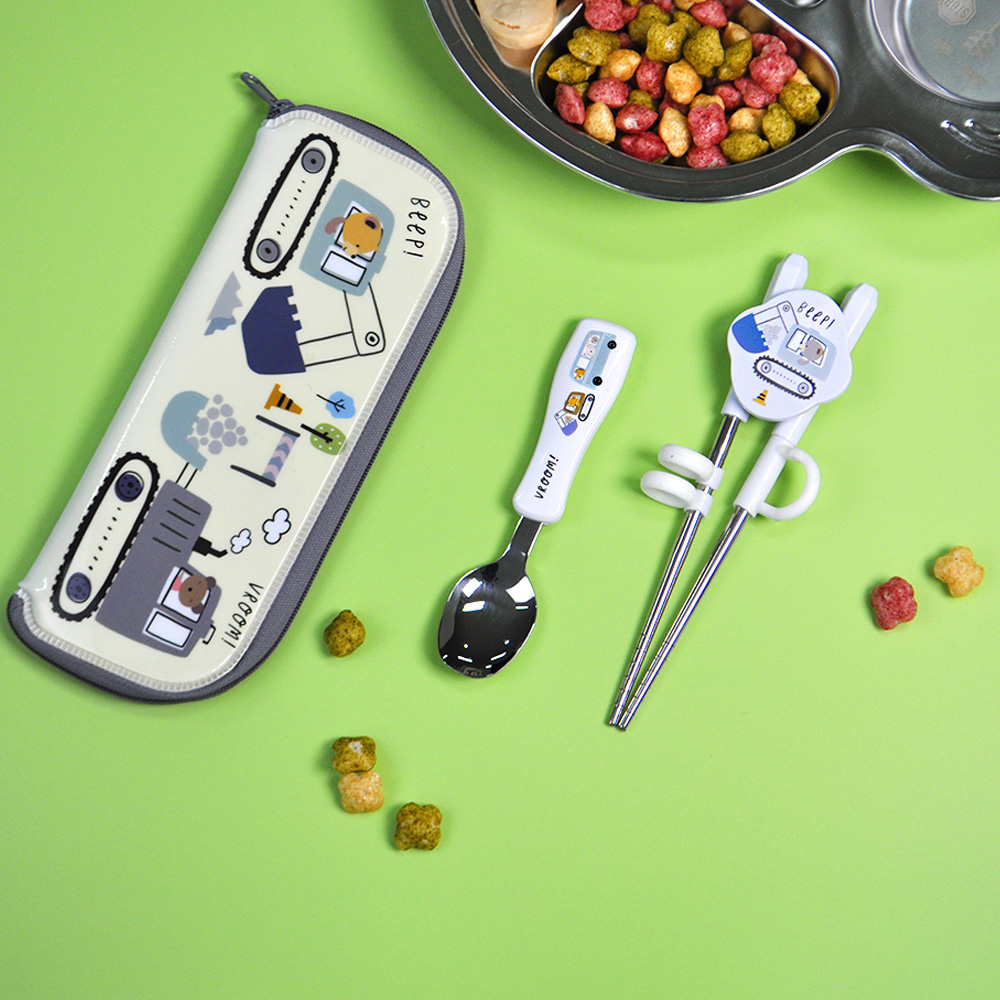 키친유 키즈부릉 포크레인 스텐 아기 수저 젓가락 케이스 세트 이유식 숟가락 어린이집 준비물