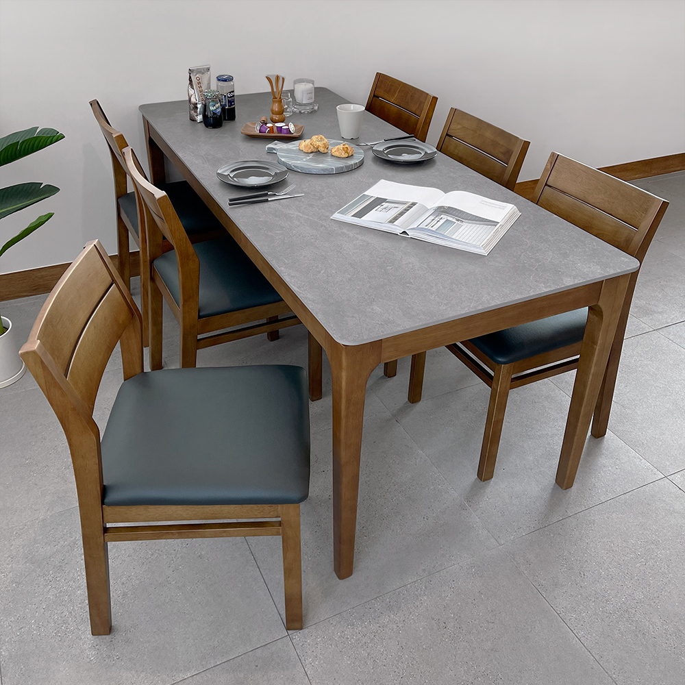 키마 6인용 원목 포세린 세라믹 식탁세트 식탁+의자3+등받이벤치1, 1800mm, 그레이