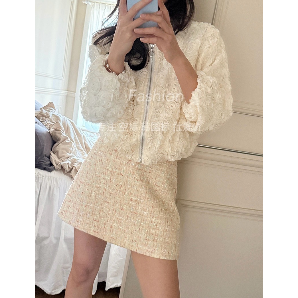 패턴 데이트룩 자켓 프릴 루즈핏 플라워 아우터 여성자켓 애프리콧 프리 사이즈 - 상품 이미지