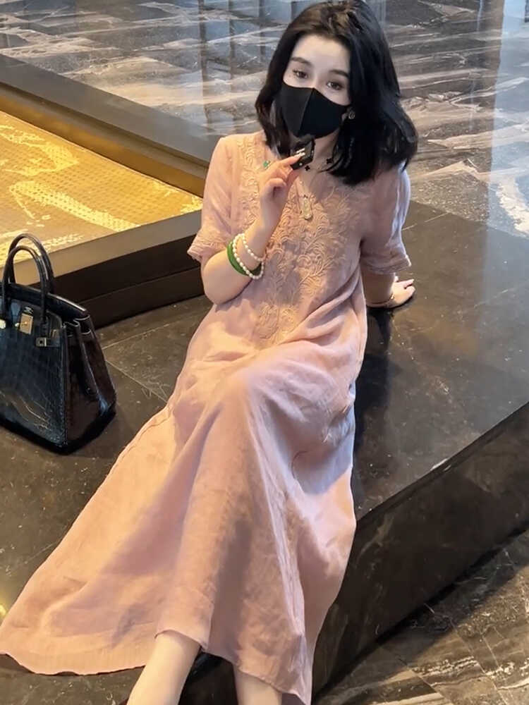 원피스 린넨 복고풍 엄마옷 루즈핏 느슨한 풍기인견 반팔 빅사이즈 롱원피스 여름원피스 라이트퍼플 S - 상세 이미지 5