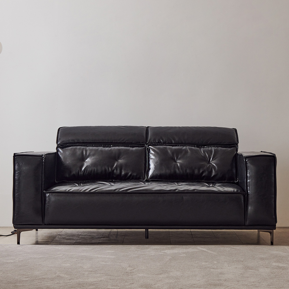 동서가구 브루클린 레트로 클래식 가죽 소파 스툴미포함, 블랙, 3인용