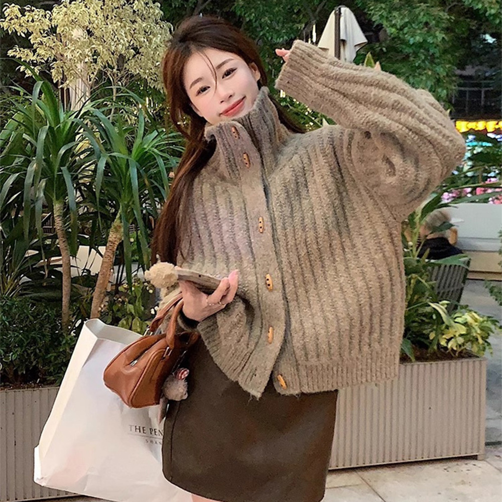 긴팔 니트가디건 가을 겨울 꽈배기 레이어드 하이넥 오버핏 부클 - 상품 이미지