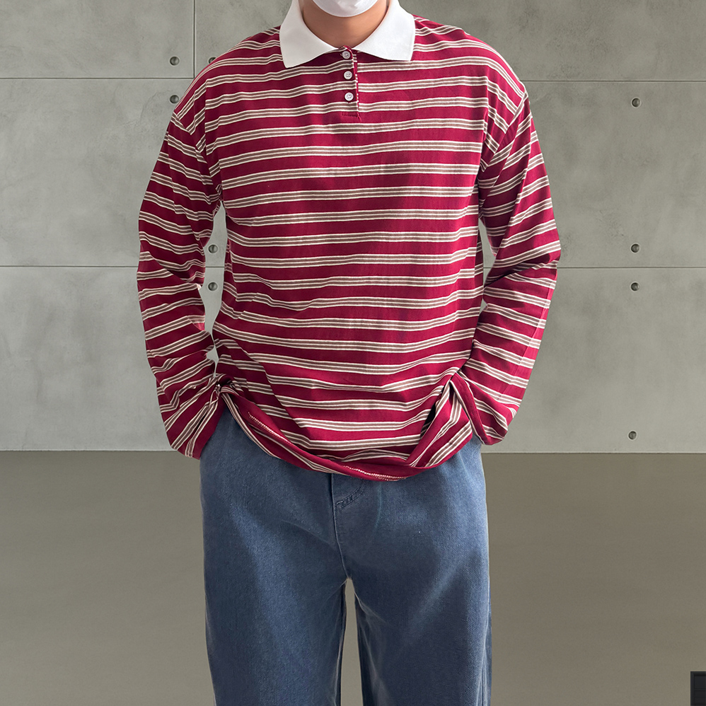 1+1 남자 긴팔 카라 단가라 럭비 스트라이프 티셔츠 - 상세 이미지 5
