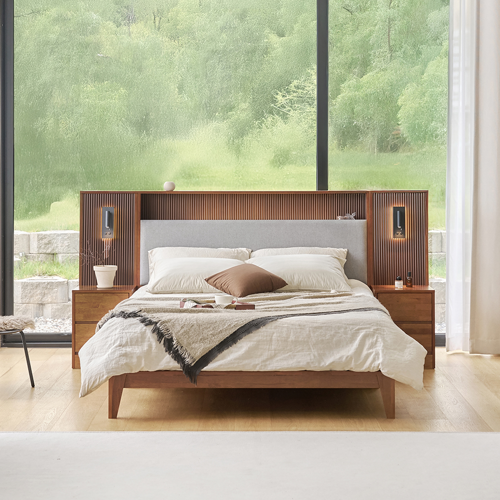 샤론 호텔 천연 원목 패브릭 침대 서랍형 템바보드 베드 Q/K공용