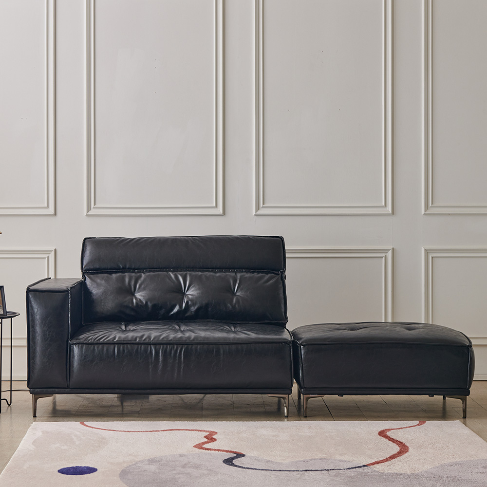 동서가구 브루클린 레트로 클래식 가죽 소파 스툴포함, 블랙_우형, 2인용