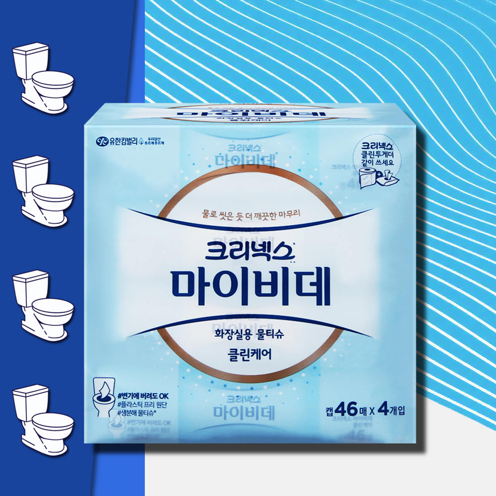 크리넥스 마이비데 클린케어 물티슈 화장실용 캡형 46매 4팩