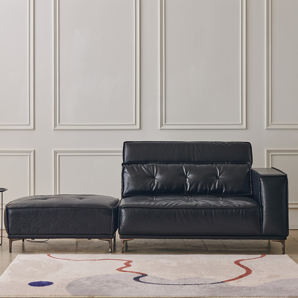 동서가구 브루클린 레트로 클래식 가죽 소파 스툴포함, 블랙_좌형, 2인용