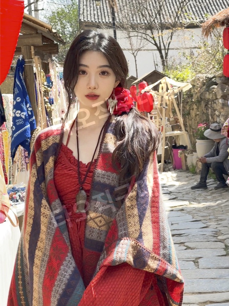 페루판초 여행 어깨숄 캠핑 판쵸 빈티지 망토 가디건 몽골판초 몽골여행 담요 - 상세 이미지 2