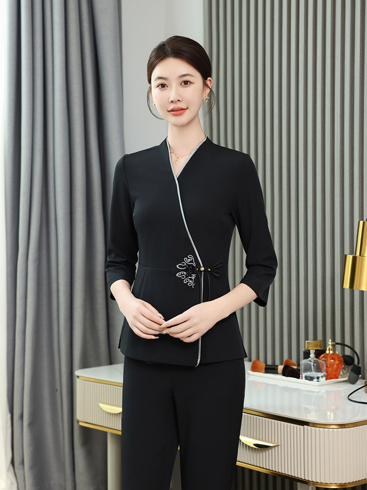 뷰티샵긴팔유니폼 스파 마사지샵 유니폼 세트 여성 근무복 피부관리사 블랙 미드슬리브 S - 상세 이미지 2