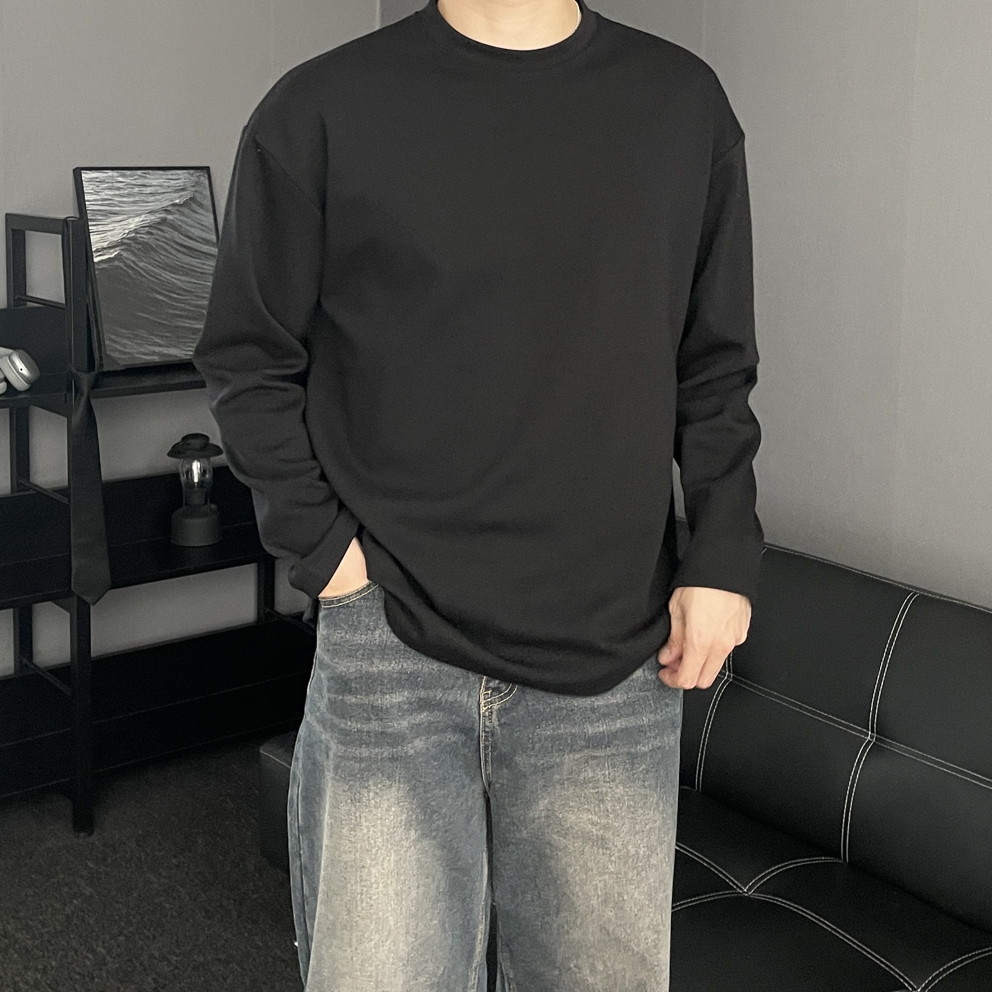무지긴팔티 남자롱슬리브 남자레이어드 긴팔티셔츠 어깨넓어보이는옷 흰티 이미지 8