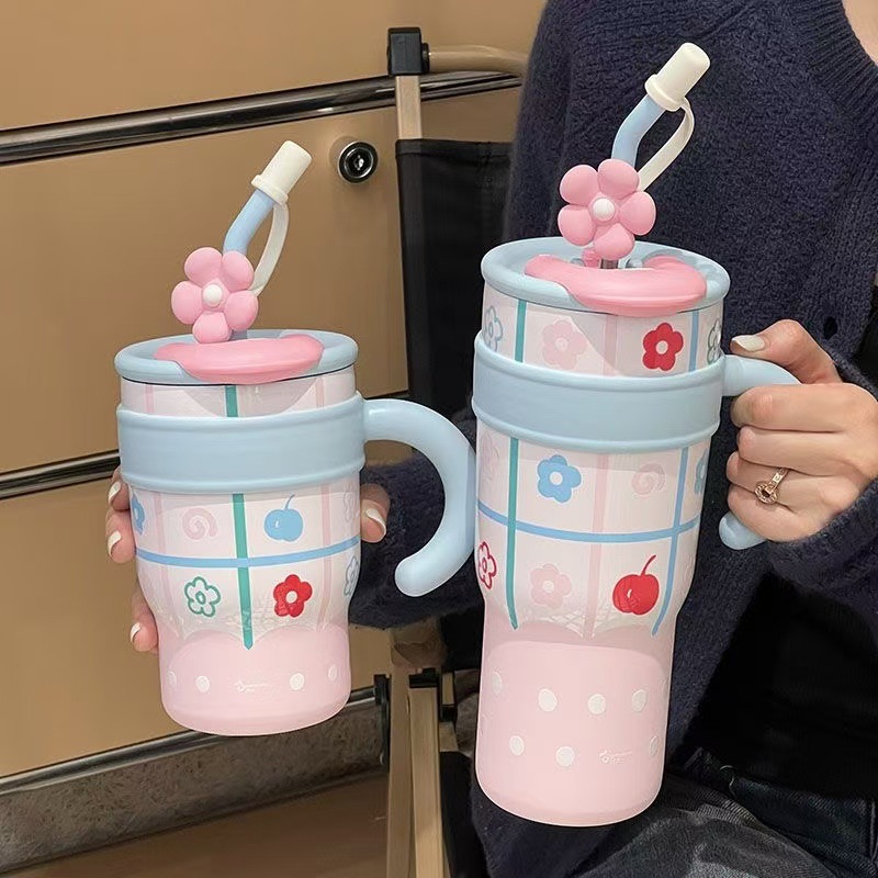 보온 보냉 텀블러 손잡이 대용량 빨대컵 파스텔 감성 스텐 물병 커피 컵 700ml 핑크캣 - 상품 이미지