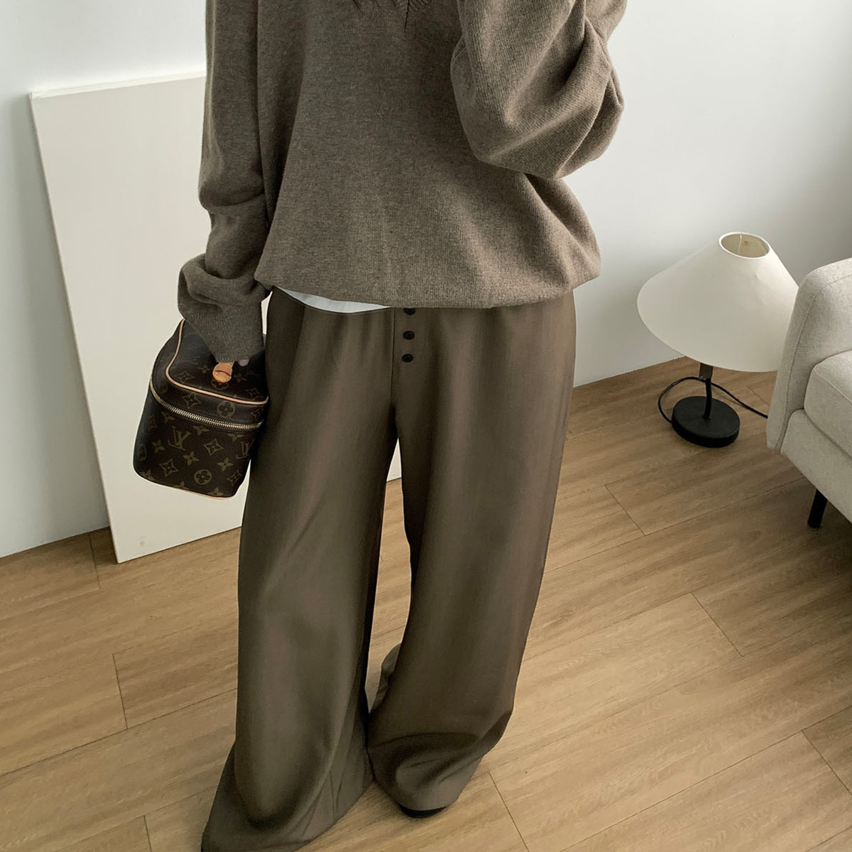 아웃핏 브리프 팬츠 와이드 밴딩팬츠 스판바지 (브라운) - 상품 이미지