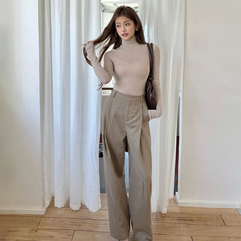 여성용 하이웨스트 와이드팬츠 가을 겨울용 카키색 모직 캐주얼 9부 길이 편안한 착용감 데일리 스타일링 코듀로이 밴딩 디자인 - 상품 이미지