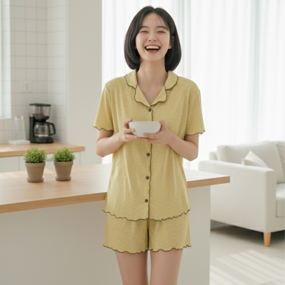 내츄럴 카라 노브라 캡내장 여름잠옷 홈웨어 반팔 반바지 파자마세트 short mustard - 상품 이미지