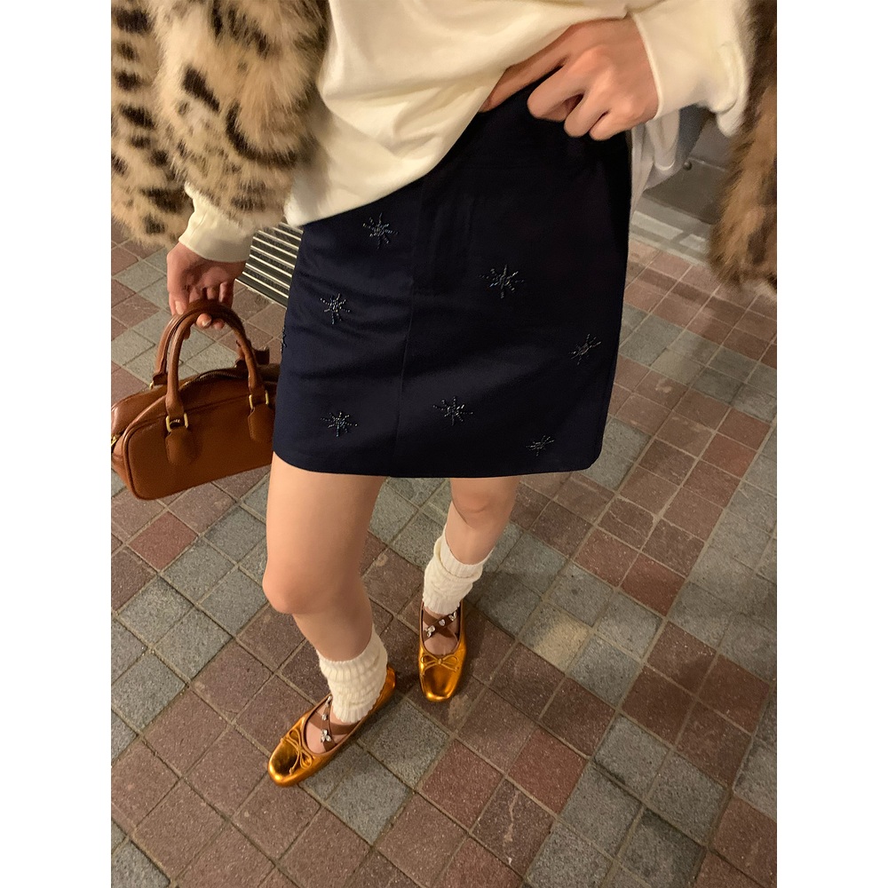 비즈포인트 a라인 미니스커트 순면 고급 소재 클래식 느좋 봄가을 다크네이비 - 상세 이미지 2