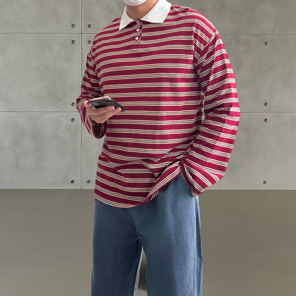 남자 긴팔 카라 단가라 럭비 스트라이프 티셔츠 - 상세 이미지 4