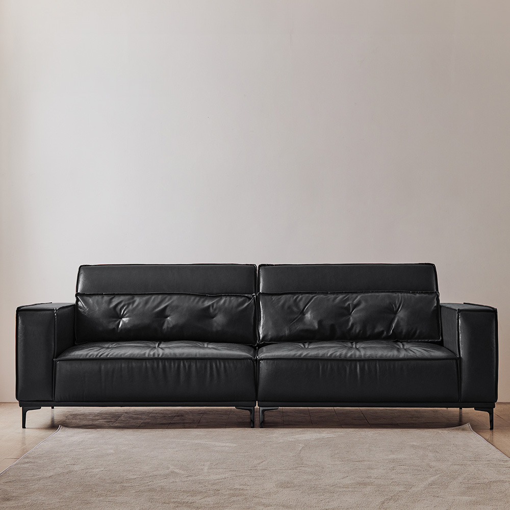 동서가구 브루클린 레트로 클래식 가죽 소파 스툴미포함, 블랙, 4인용