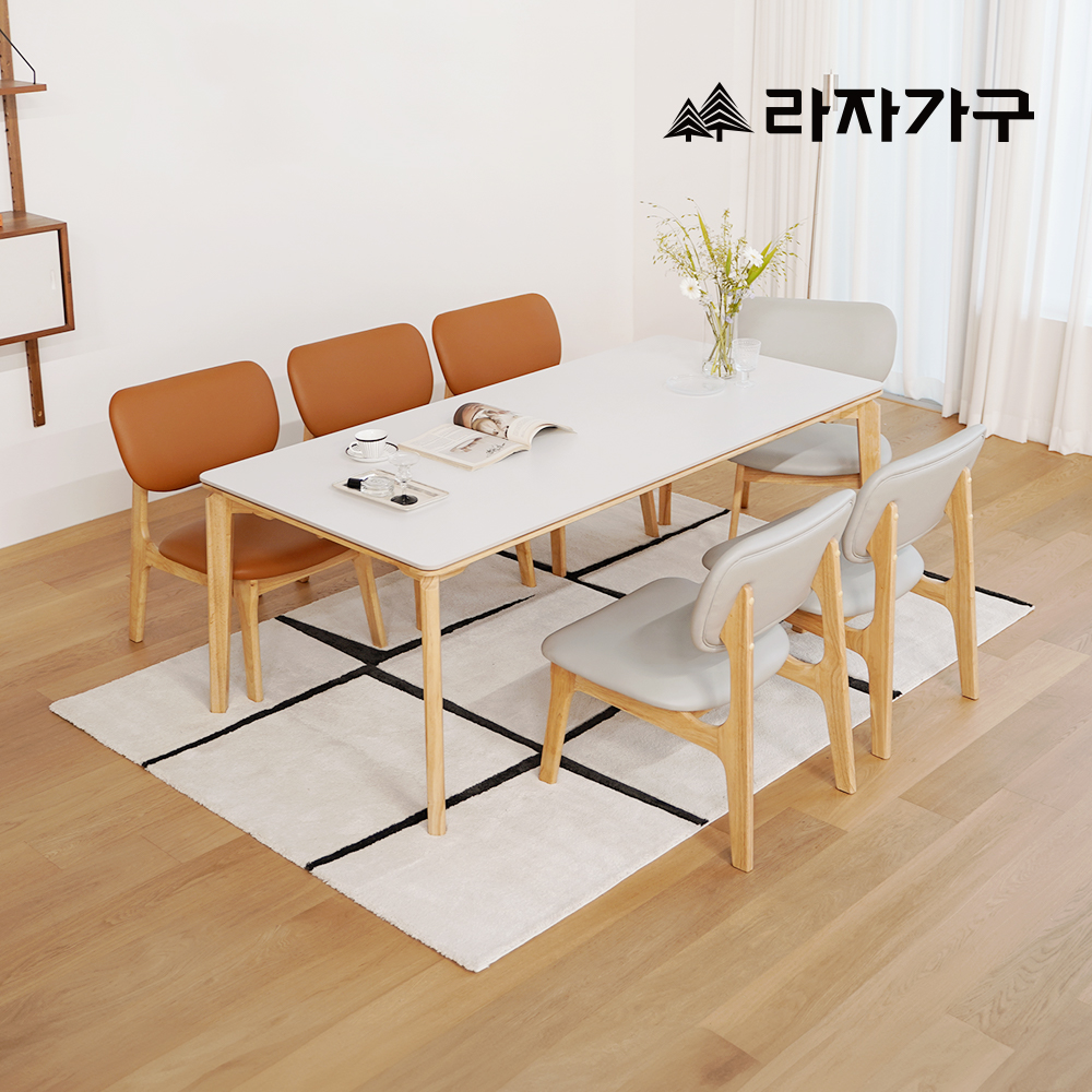 라자가구 브레드 포세린 세라믹 원목 낮은 식탁세트 테이블 거실 다이닝 화이트세라믹식탁+의자6, 1800mm, 의자-그레이