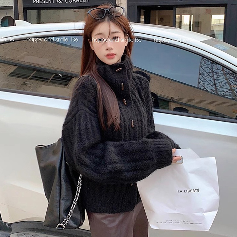 긴팔 니트가디건 가을 겨울 꽈배기 레이어드 하이넥 오버핏 부클 - 상세 이미지 3