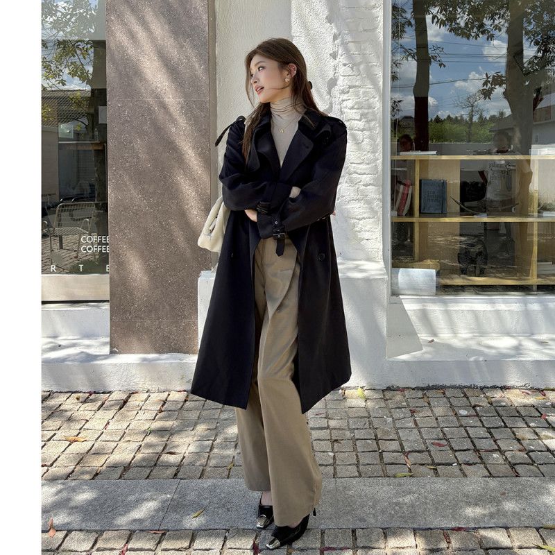 여성용 하이웨스트 와이드팬츠 가을 겨울용 카키색 모직 캐주얼 9부 길이 편안한 착용감 데일리 스타일링 코듀로이 밴딩 디자인 - 상세 이미지 3